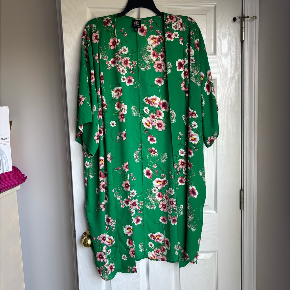bobeau Green Floral Kimono Duster Cardigan